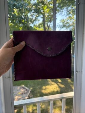 Plum Leather Envelope Pouch with Whipstitch Trim